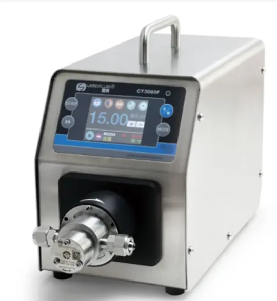 Benchtop gear pump drive with a stainless steel gear pump head and touchscreen flow control
