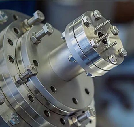 Stainless steel CF vacuum flange assembly on a vacuum chamber